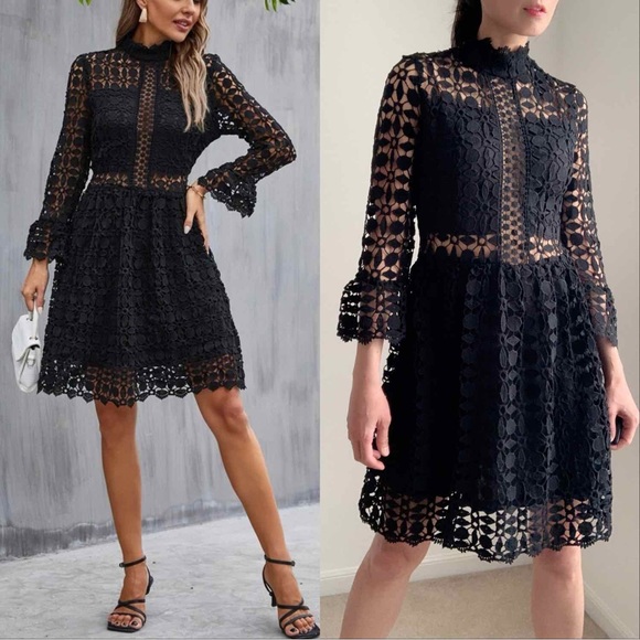 CHICBOMB Dresses & Skirts - PREPPY CROCHETED LACE DRESS - BLACK
